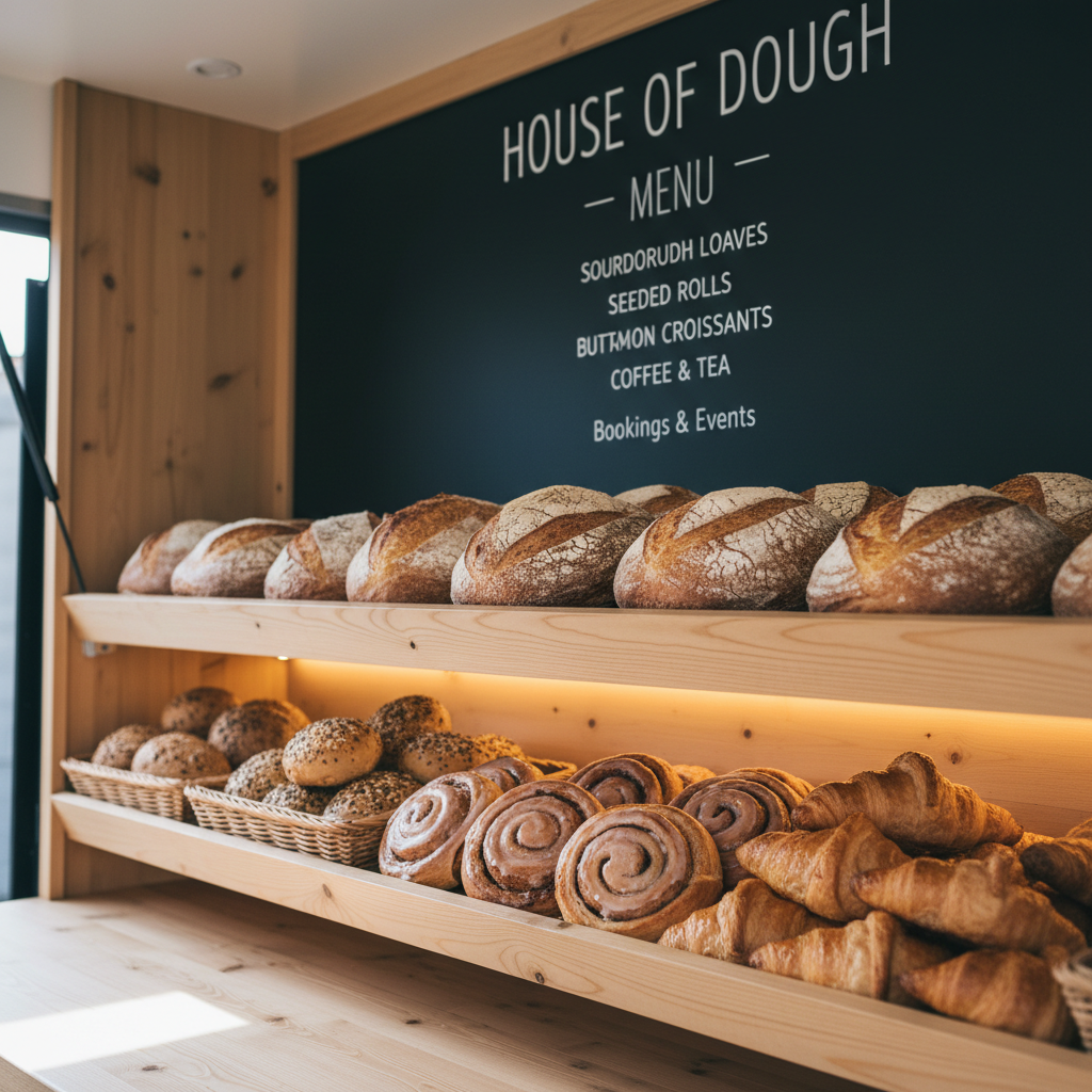 An inviting interior counter scene inside the House of Dough mobile bakery unit, featuring neatly arranged rows of crusty sourdough loaves, seeded rolls, cinnamon swirls, and buttery croissants on natural wooden shelves. A matte black chalkboard-style menu with clean white lettering is visible in the background, softly out of focus. Cool daylight enters from an unseen hatch, combined with warm under-shelf lighting that highlights the textures and golden tones of the baked goods. Photographic realism with a slightly elevated angle and moderate depth of field gives a clean, organised, and professional impression suitable for a bookings or services page.