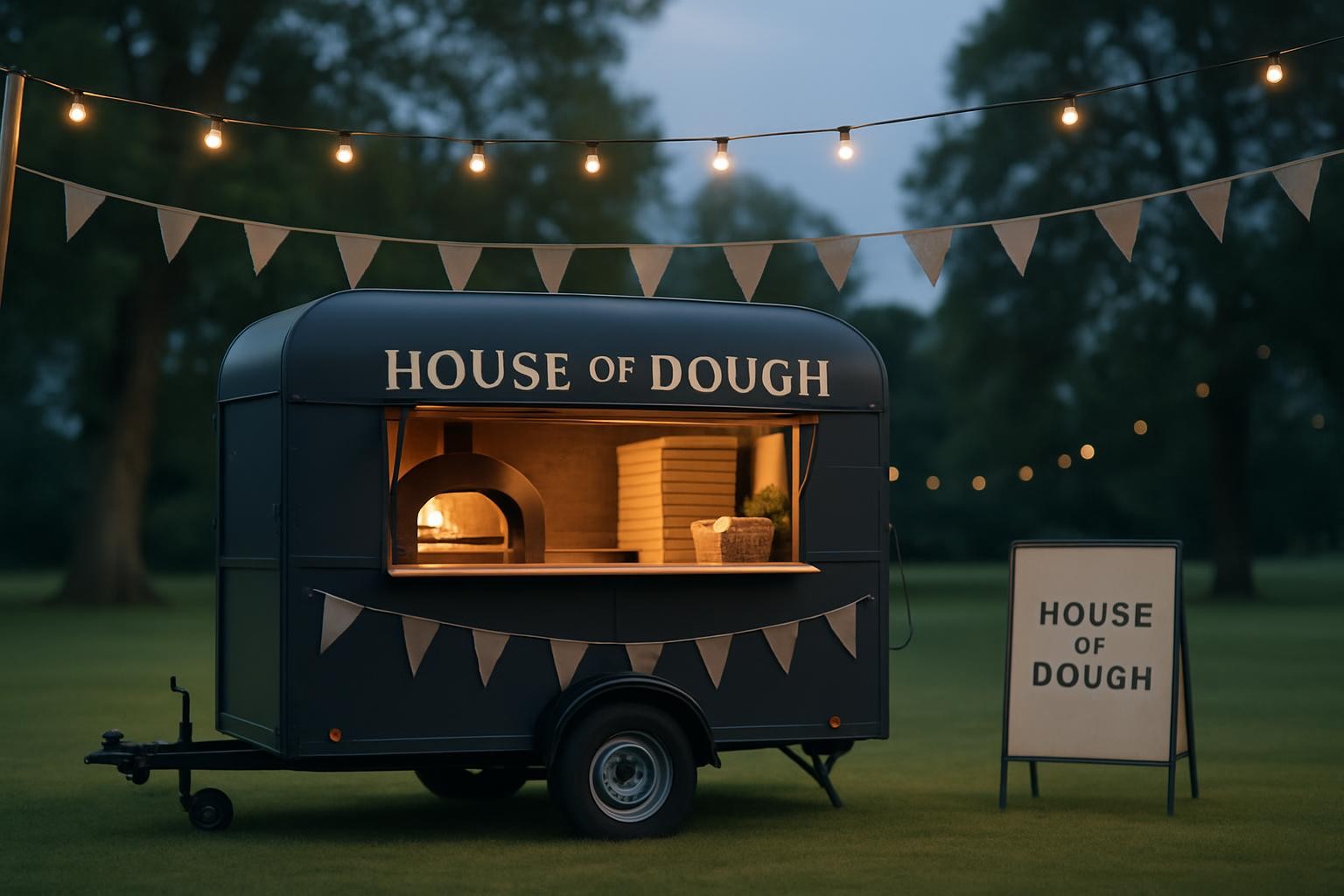 A wide exterior shot of the House of Dough trailer set up at an elegant outdoor event in the Midlands, positioned on a neatly trimmed lawn with simple string lights overhead and minimal event decor such as neutral bunting and discreet signage. The mobile unit’s serving window is open, revealing glowing oven light and neatly arranged pizza boxes and bread crates. Soft blue-hour ambient light mixes with warm interior lighting, creating a calm, upscale atmosphere. Photographic realism, shot from a slightly low angle with the trailer framed by soft bokeh trees in the background, ideal for illustrating private hire and event catering services.