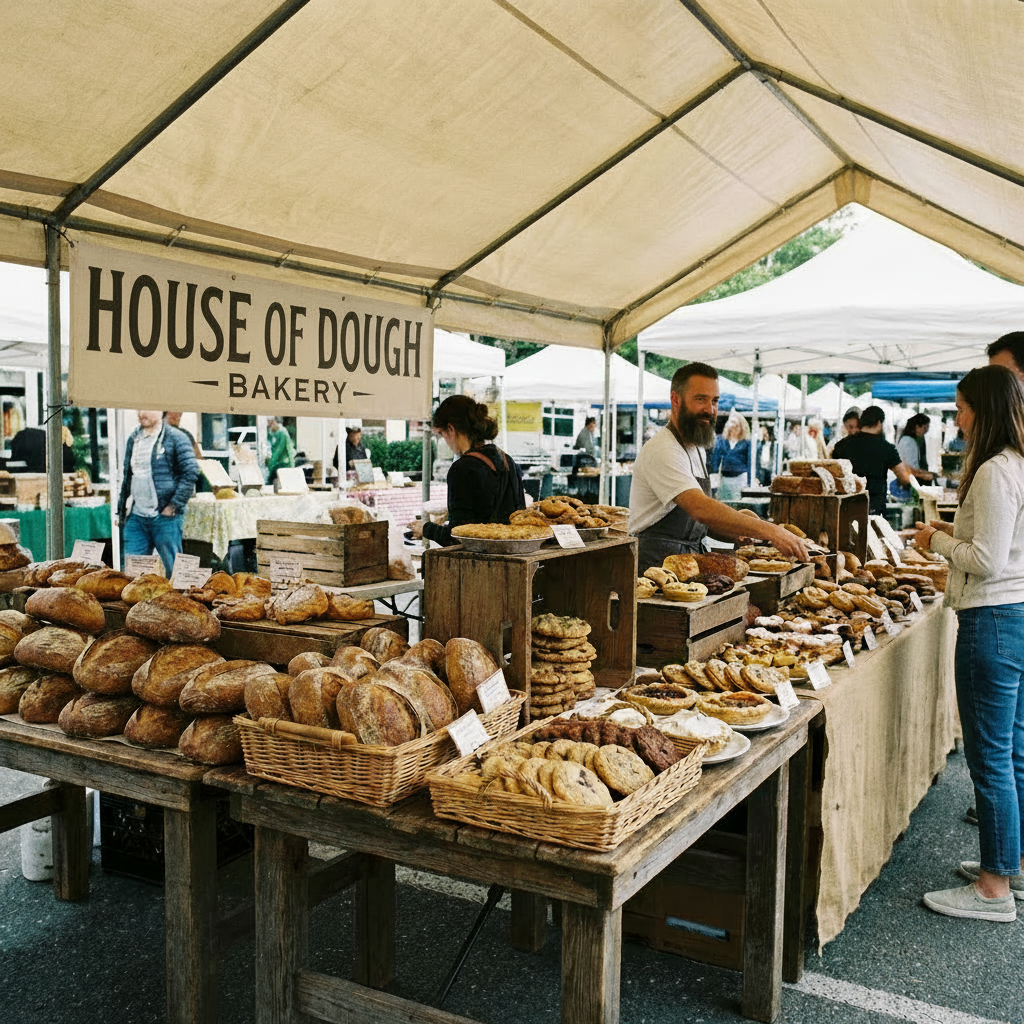 Hearth & Home Bakery stall at a farmers market with assortments of fresh bread and pastries.
