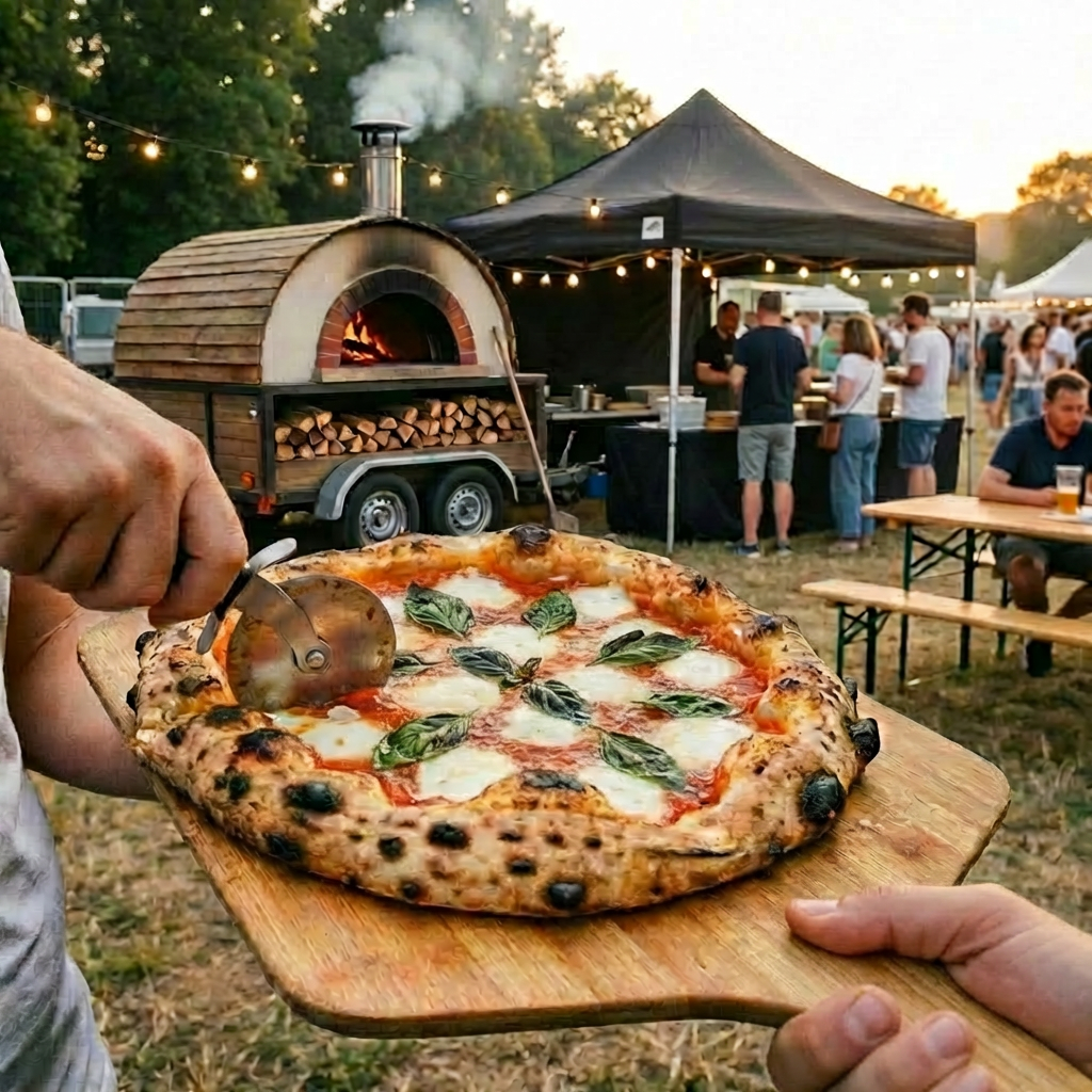 Neapolitan pizza being sliced near a sign reading PIZZA AL TAGLIO DA LUCA.